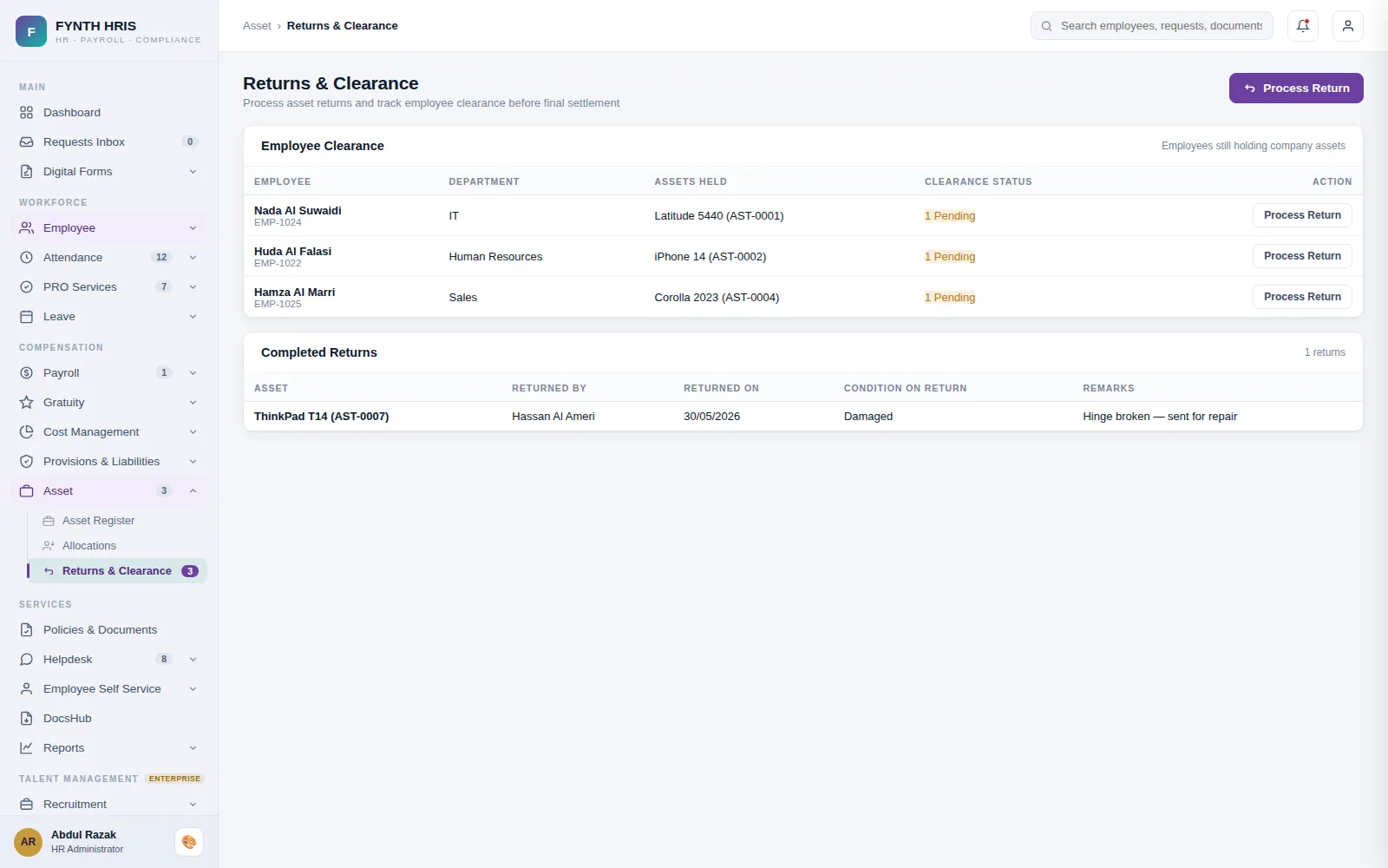 FYNTH HRIS Asset Management detail screen