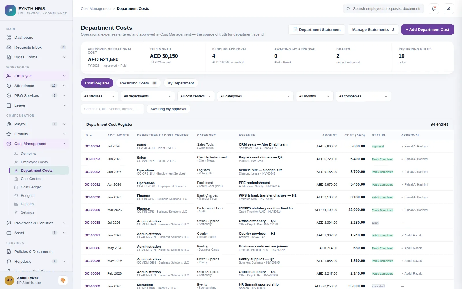 FYNTH HRIS HR Cost Center screen