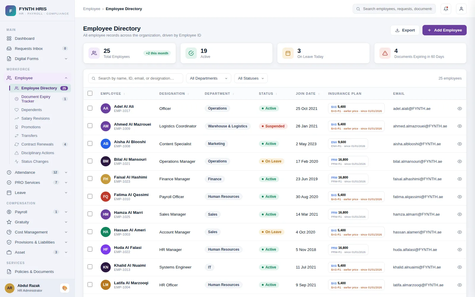 FYNTH HRIS Employee Master detail screen