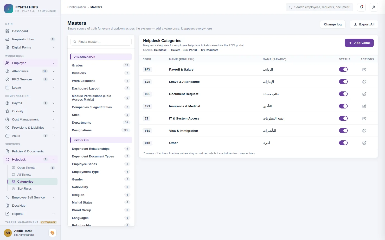 FYNTH HRIS HR Helpdesk & Mobile App screen