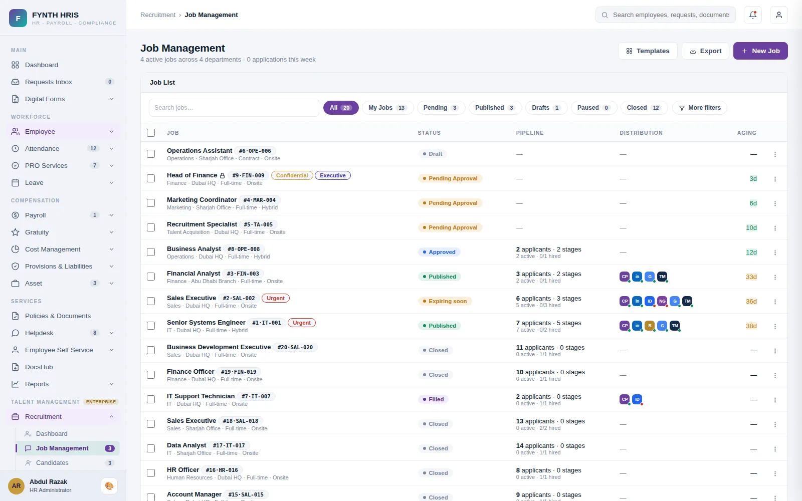 FYNTH HRIS Recruitment Management detail screen