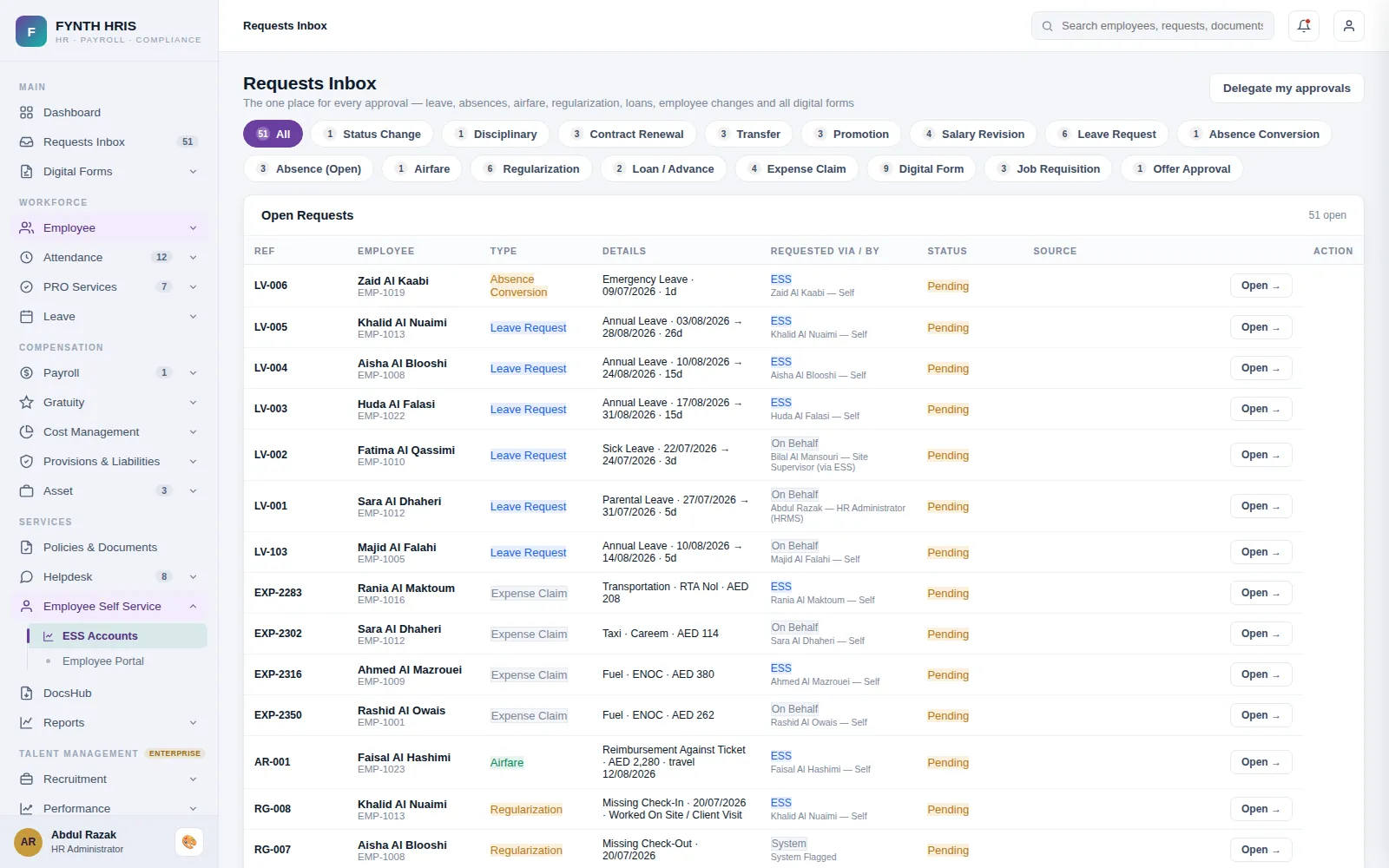 FYNTH HRIS Employee Self-Service screen