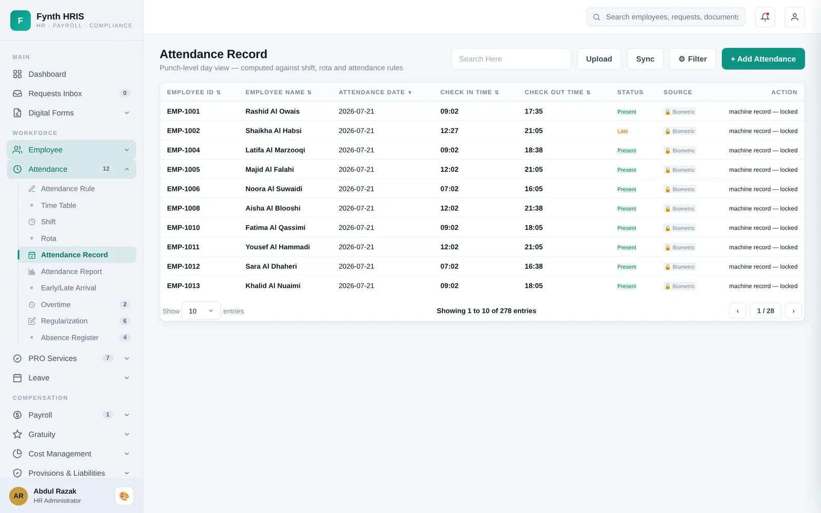 Fynth Attendance screen