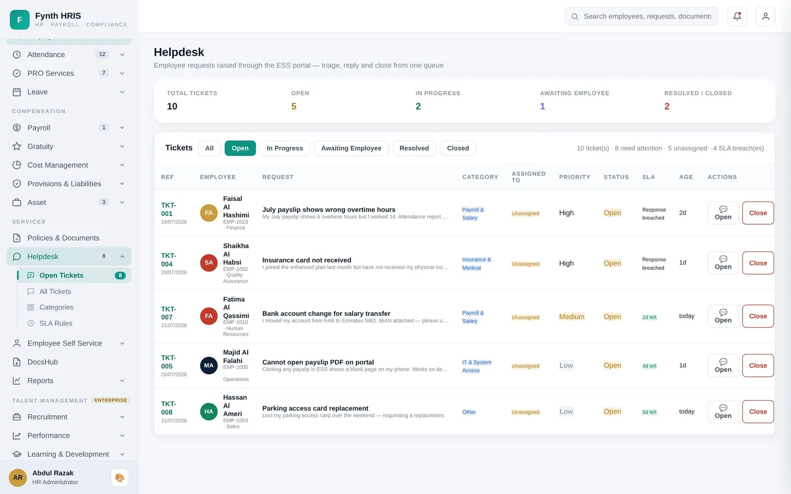 Fynth Helpdesk screen