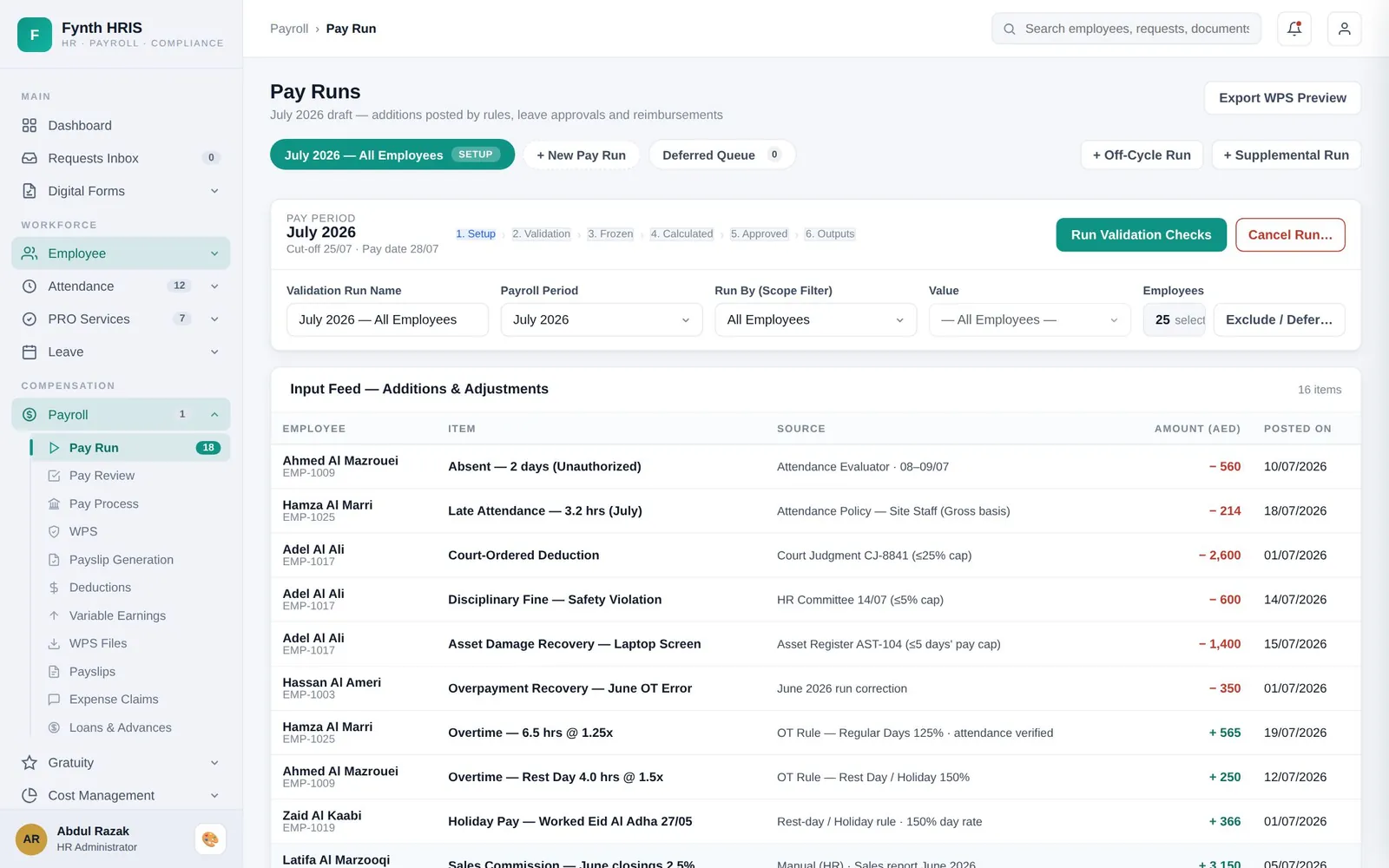 Fynth Payroll screen